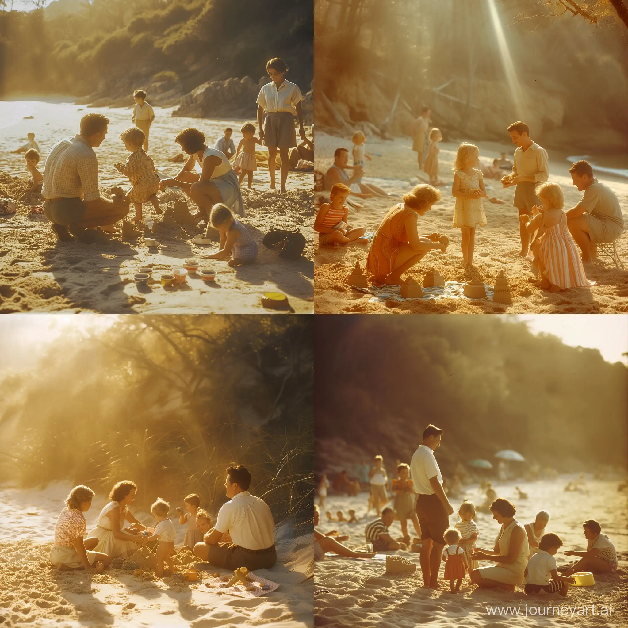 Create an image of a 1960s family gathering on a sandy beach during the golden hour. The family is captured in candid moments, engaging in beach activities such as building sandcastles and playing beach games. The golden sunlight bathes the scene, casting long, soft shadows.