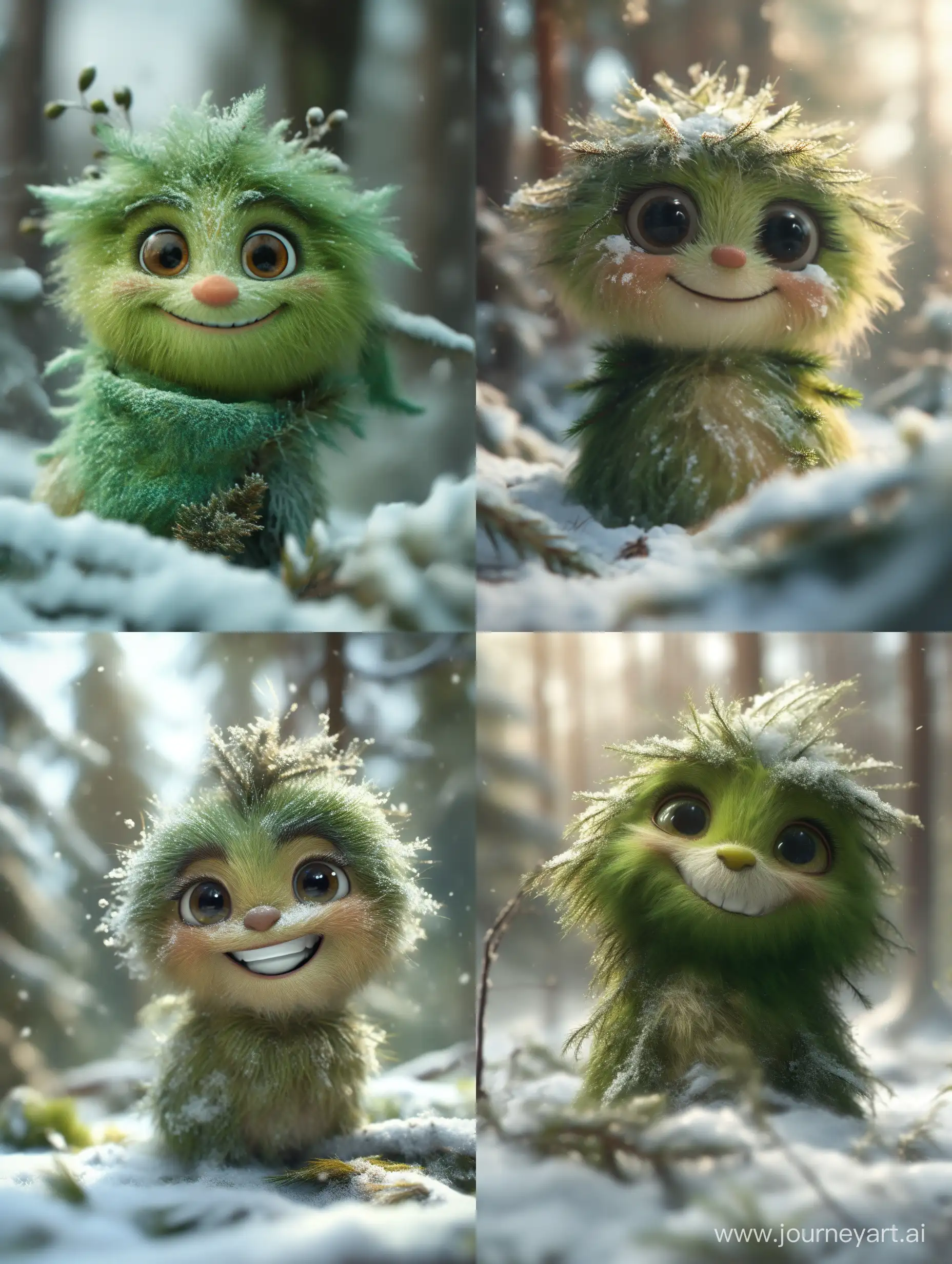 Realistic green fluffy beautiful fir with a snow-white smile and large bewitching eyes, in winter in a forest with snowdrifts, with high resolution and high definition 8k --q .25 --s 750