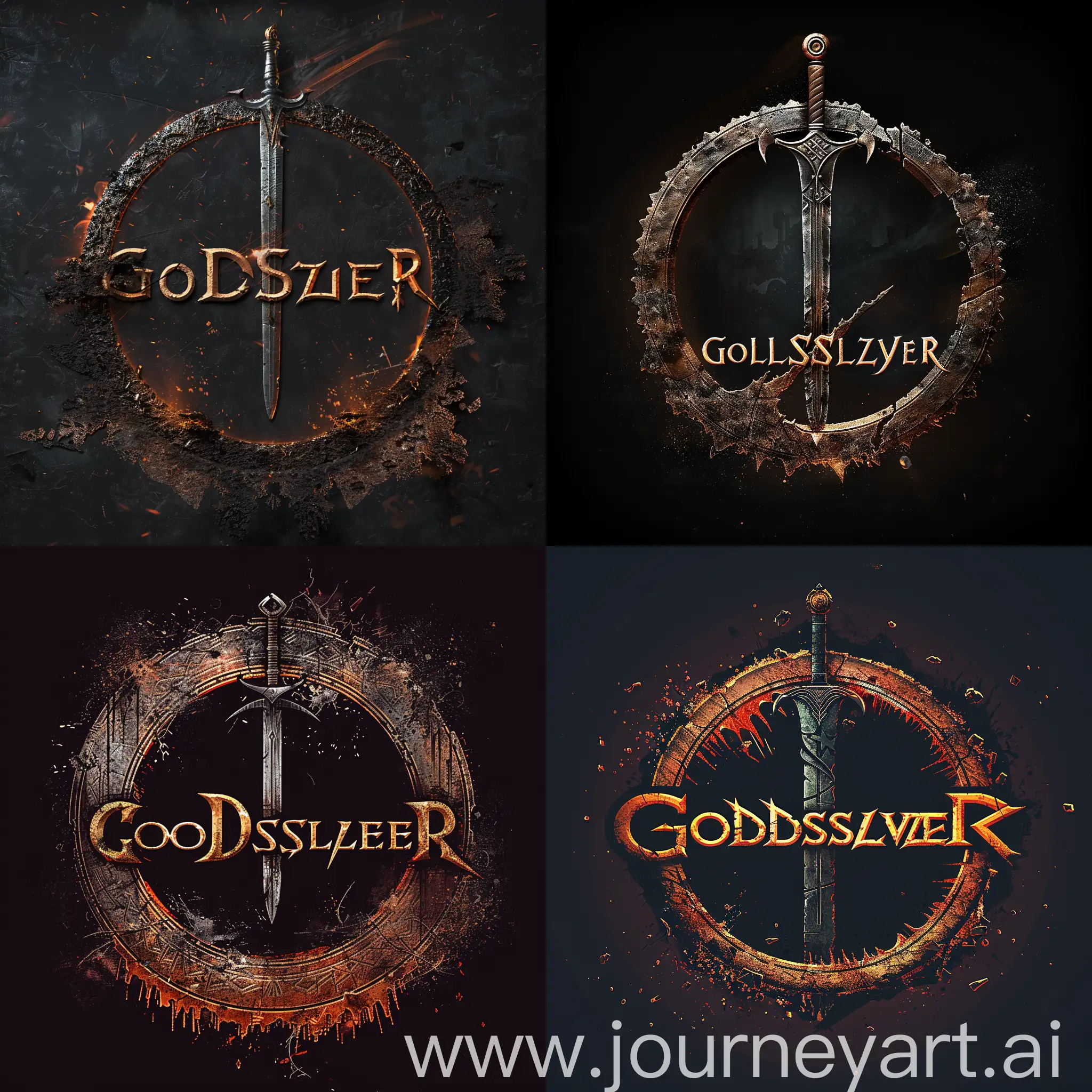 Come up with a logo for an FPS videogame about killing Nordic gods, called "GodslayeR". be inspired by the FALLOUT videogame franchise logo or the Elder Scrolls videogame Logo. Have a sword go through the text, and the bottom of the circle should be deteriorating