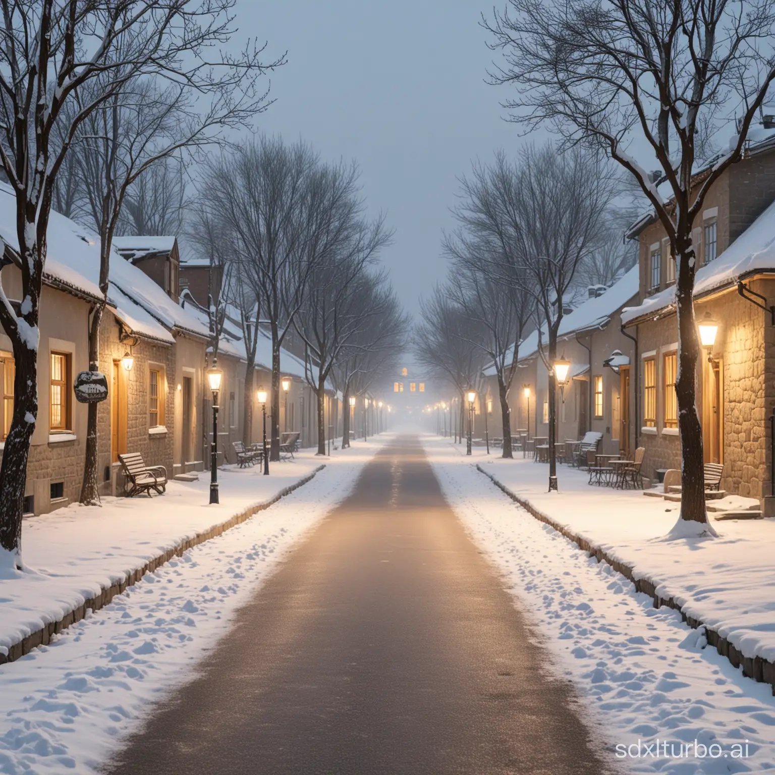 Draw a walking path in the middle of a village while street lamps are lit on a snowy day