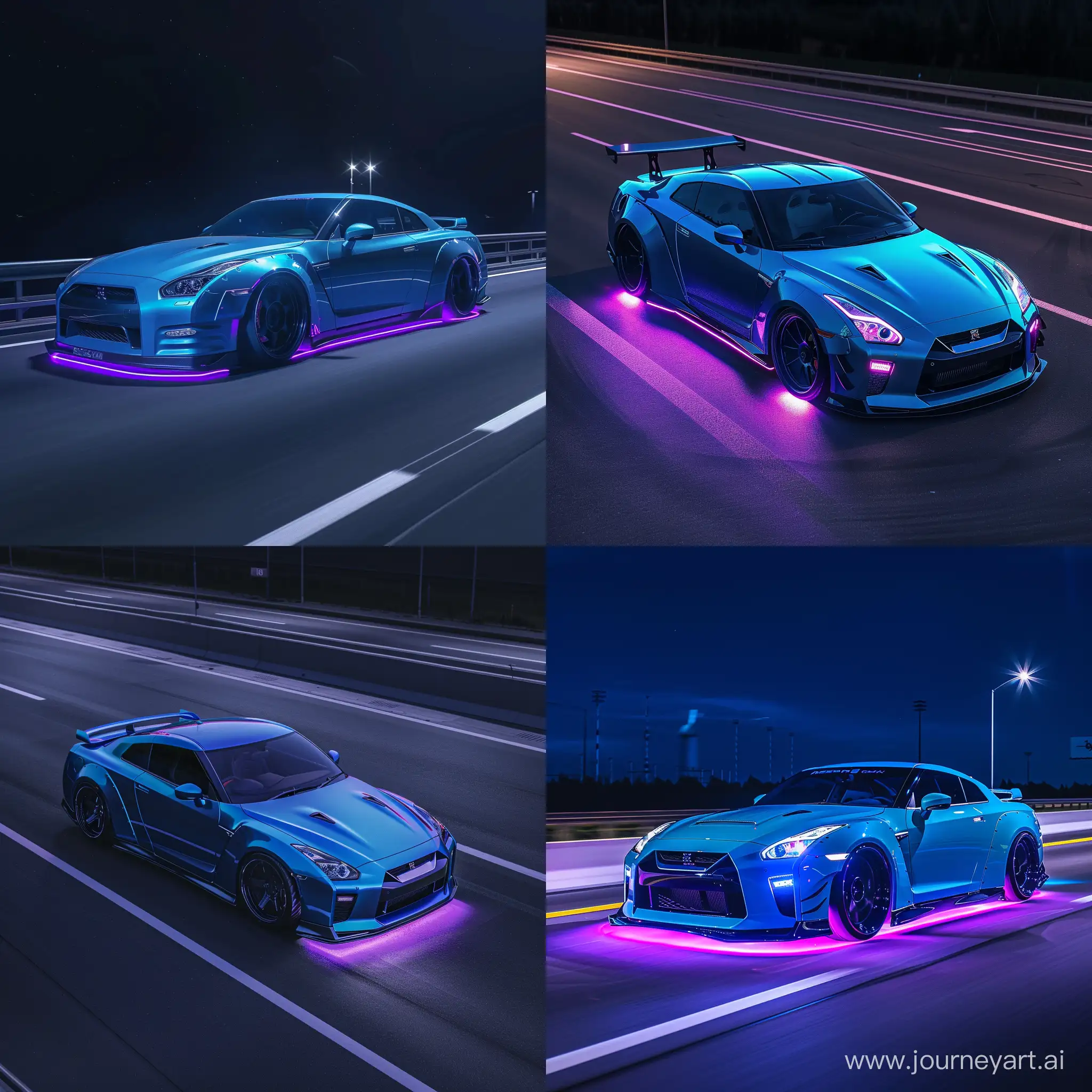Nissan GTR skyline, синего цвета, с тюнинговыми обвесами, на шоссе одна, с неоновой сиреневой подсветкой снизу, ночью,фотореалистичность