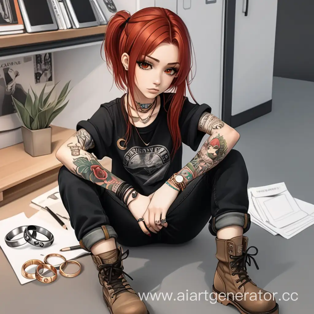 Anime style, A girl with red hair, brown eyes, hands full of tattoos, a shirt with rolled-up sleeves, black jeans and military boots, a bunch of rings and bracelets