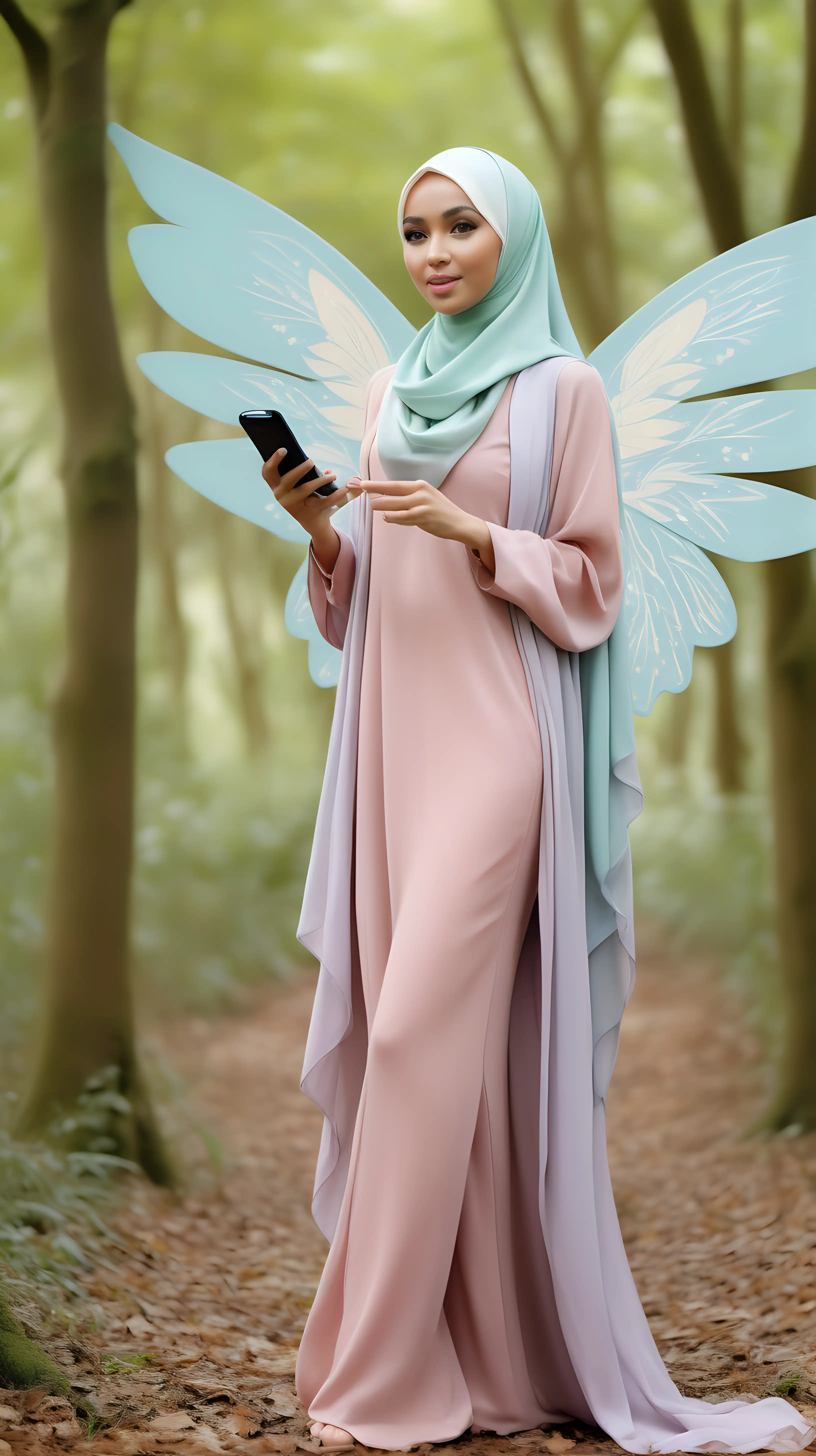 pastels, full body shot, modern winged thirty something female of malay faerie wearing a beautiful outfit and hijab , slightly curved, modern mobile phone in hand, set in a modern idyllic woodland and mystical --ar 12:19 —s 500