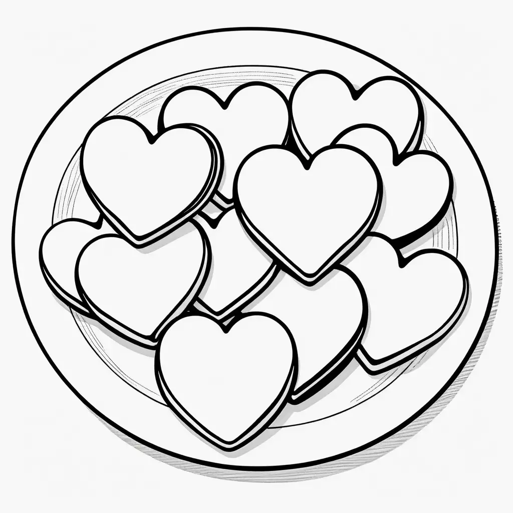 Heart-Shaped Cookies: A plate of heart-shaped cookies ready to be decorated for a coloring book with crisp lines and white background. Make it an easy-to-color design for children. --ar 17:22