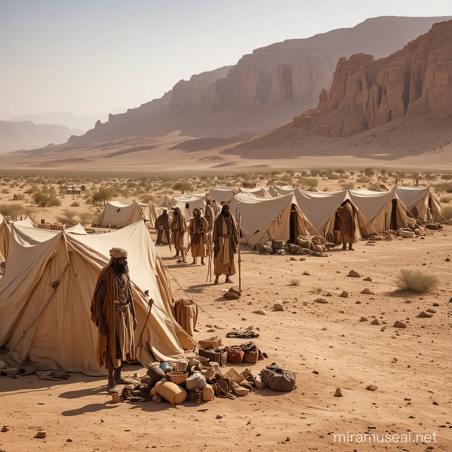 Ancient hebrew israelite in desert with encampment in background and desolate surroundings.