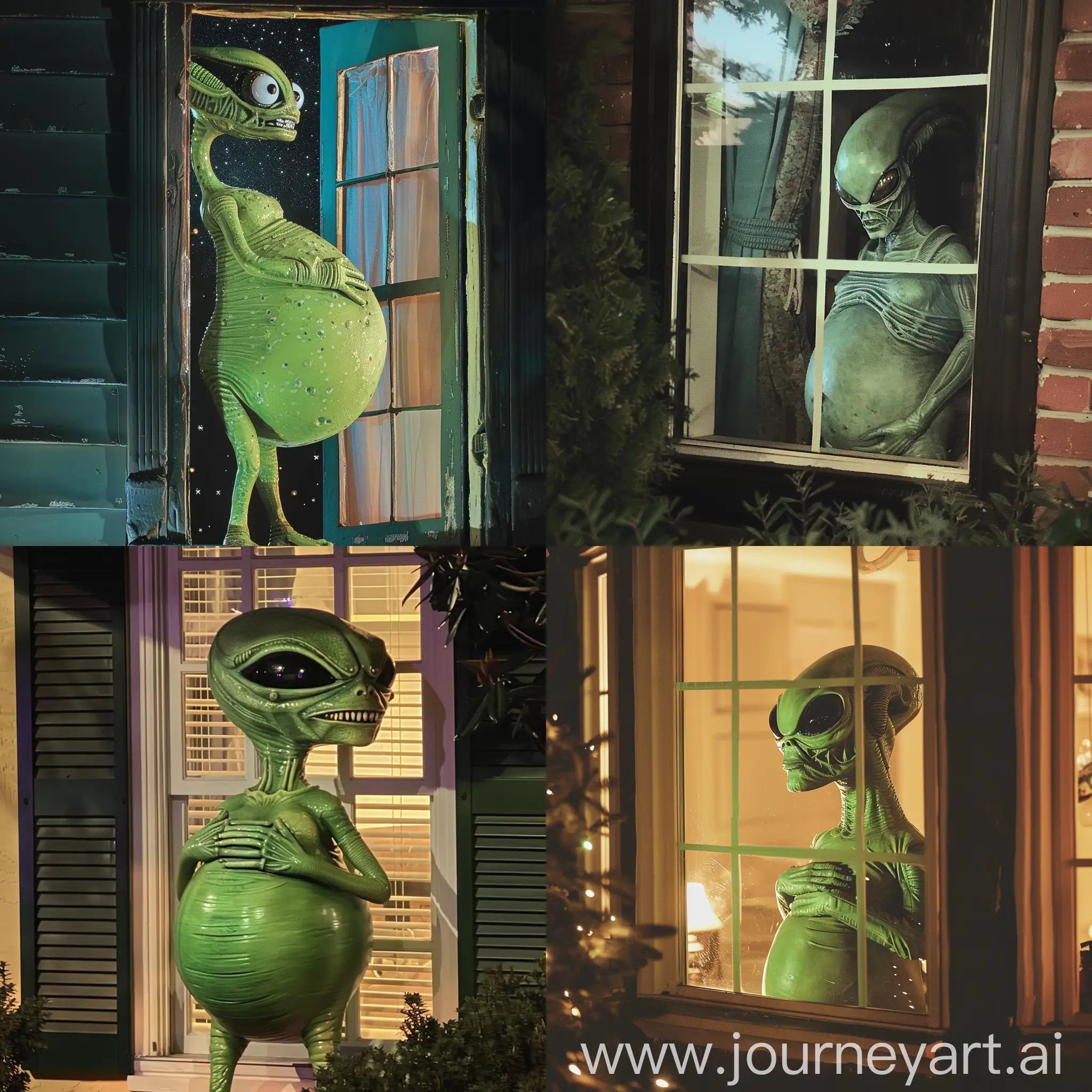 A green female Alien, 7 feet tall, Very Pregnant, The Alien's pregnant belly is very large. The alien is standing outside someone's window at night, Peeking into the window.