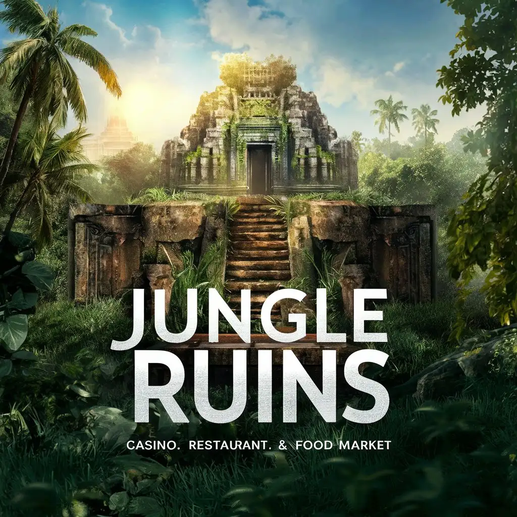 logo, realistic jungle ruins and a temple, with the text "Jungle Ruins. Casino, Restaurant, & Food Market", typography