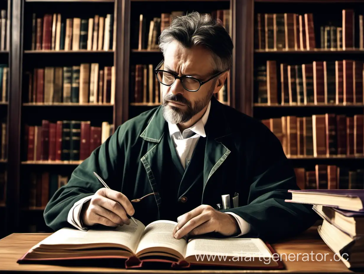 врач в очках, похожий на Чехова, сидит в библиотеке и читает большую книгу. Задумчивый