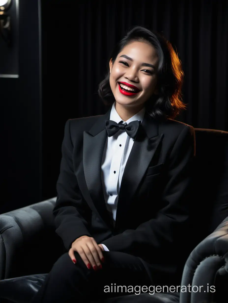 A pretty Malaysian woman with shoulder length hair and red lipstick is sitting in a plush chair in a dark room.  She is smiling and laughing.  She is wearing a tuxedo with (black pants).  Her jacket is black and open.  Her shirt is white with a black bow tie.