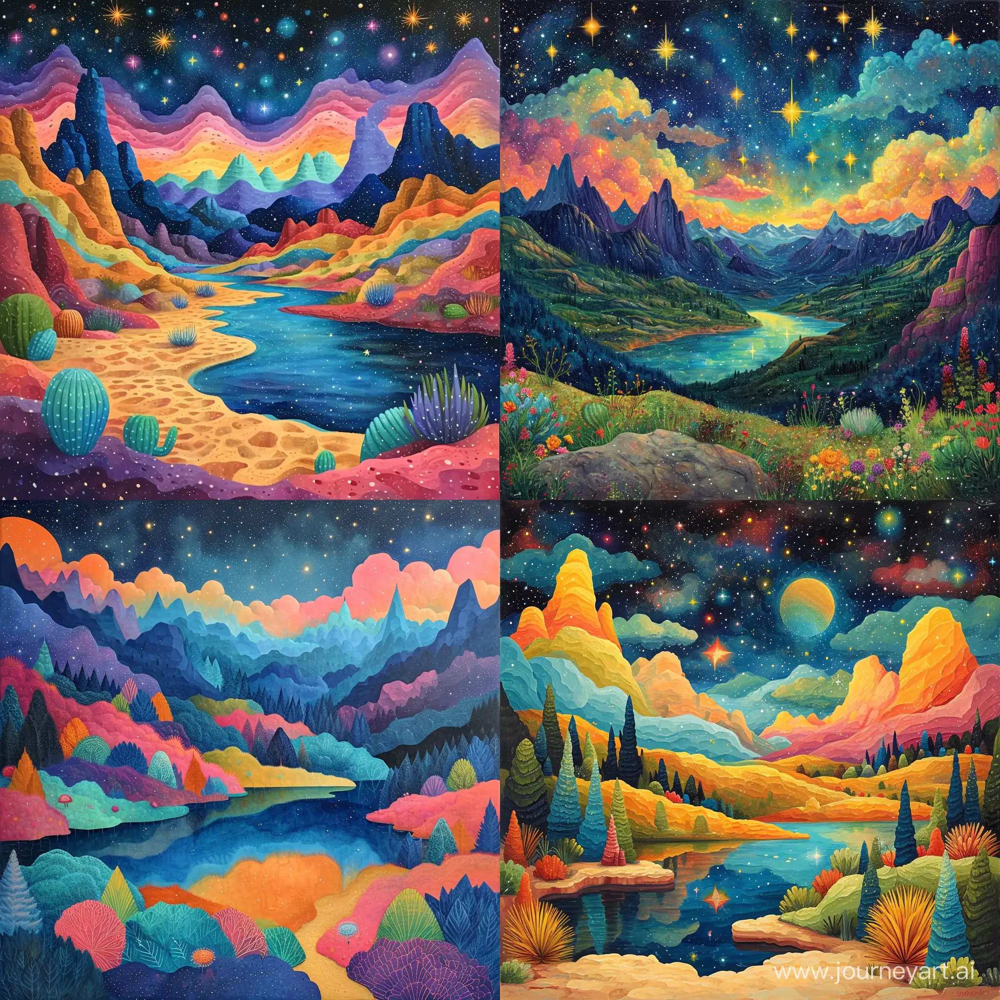 A painting of a colorful, fantastical landscape with mountains, a lake, and stars in the sky, --s 500