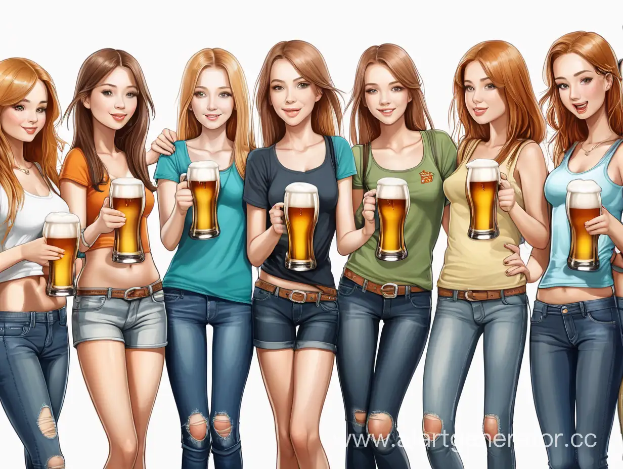 A lot of girls with beer in their hands are standing in a row