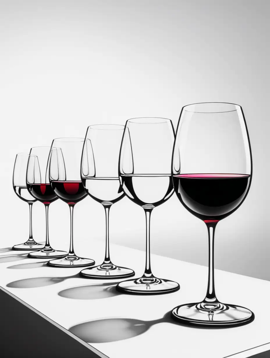 black and white wine glasses lined up on a table. Cartoon style with white background