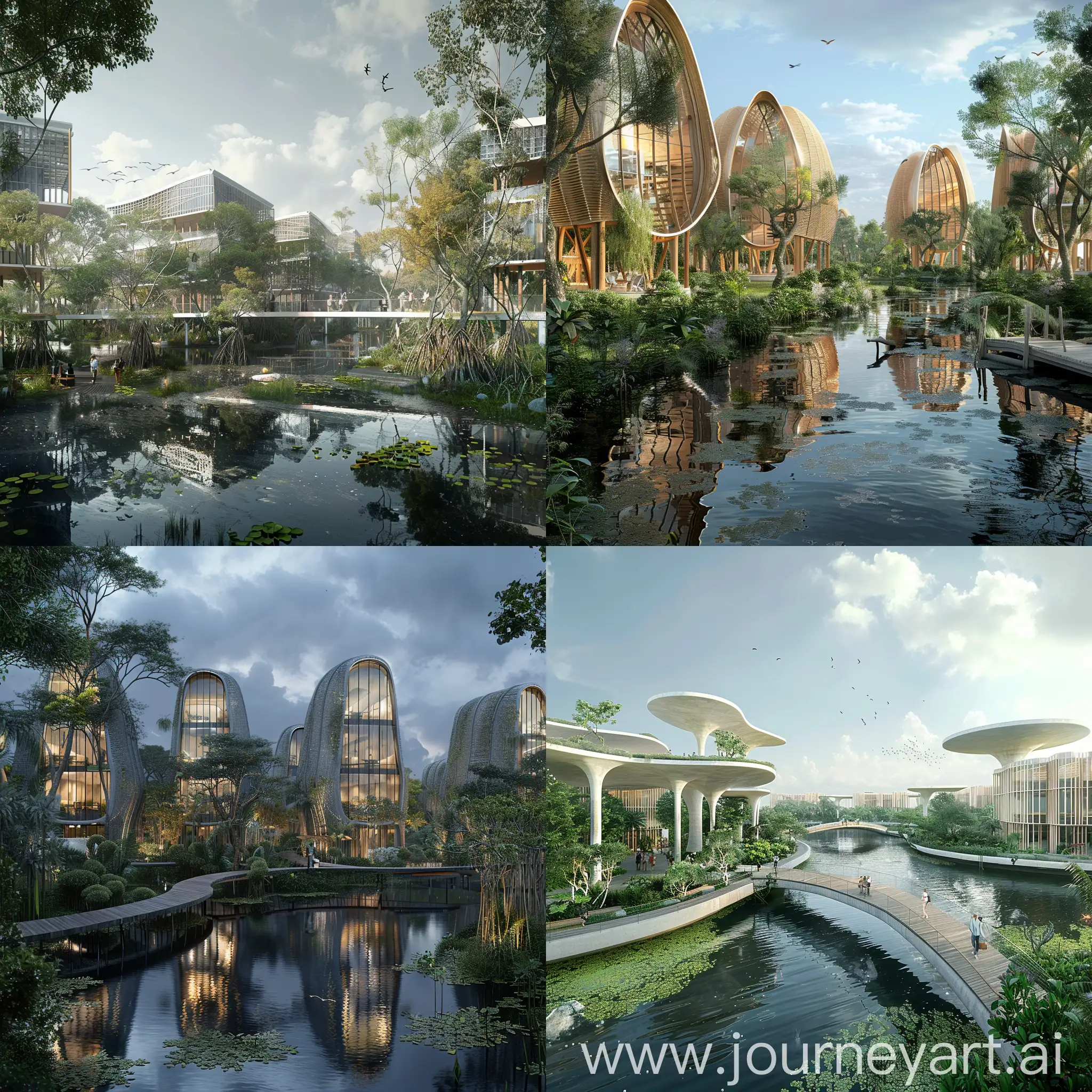 Design a business park and the buildings take form form mangrove restoration 