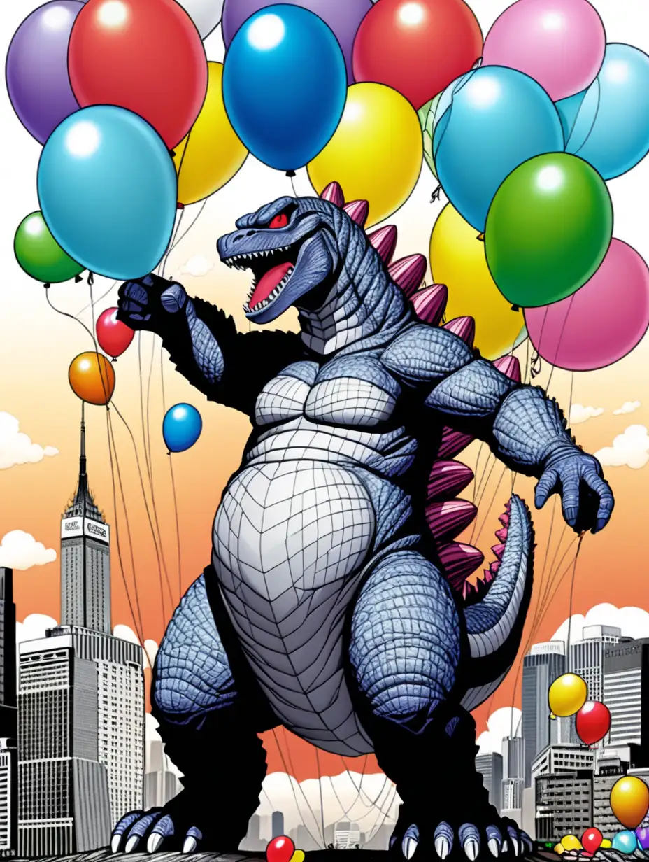 AnimeStyle Godzilla Celebrating with Colorful Balloons