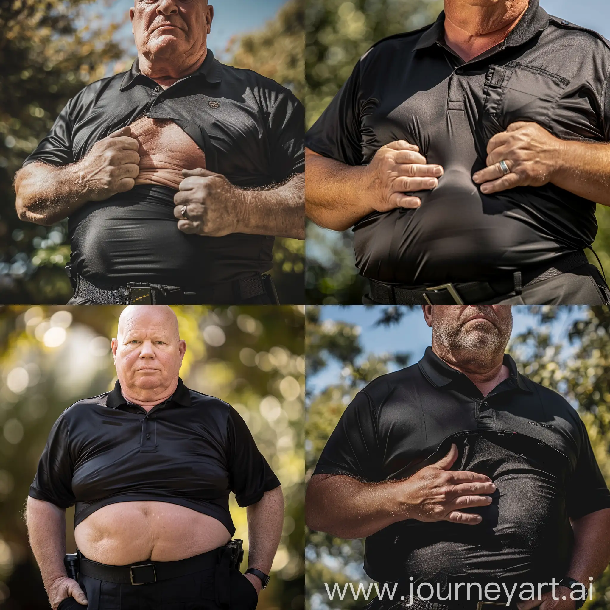 Close-up photo of a fat man aged 70 wearing silk black security guard battle pants and a tucked in black silk sport polo shirt. Tactical belt. Puffing up his chest. Outside. Natural light. Bald. Clean Shaven. --style raw --ar 1:1