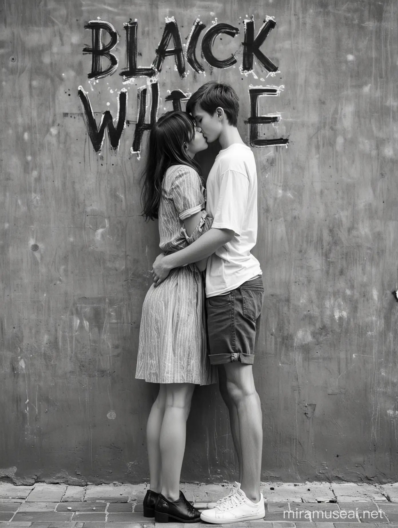 A boy and a girl in love are kissing in front of a wall with "BLACK WHITE" written on it (Please write BLACK WHITE correctly(