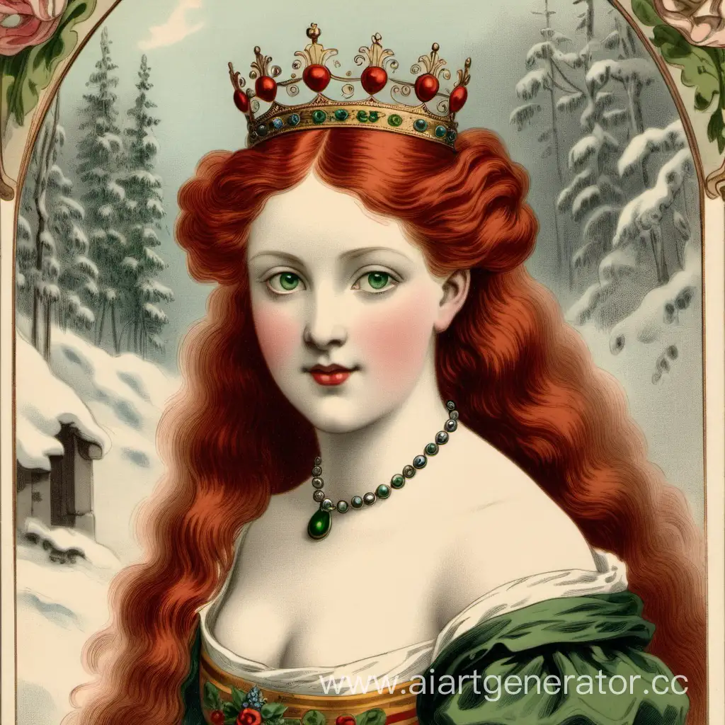 Postcard for Valentine's Day, 19th century, Germany. It depicts a beautiful, majestic young woman of 22, with red hair, snow-white skin, green eyes, dressed like a queen.