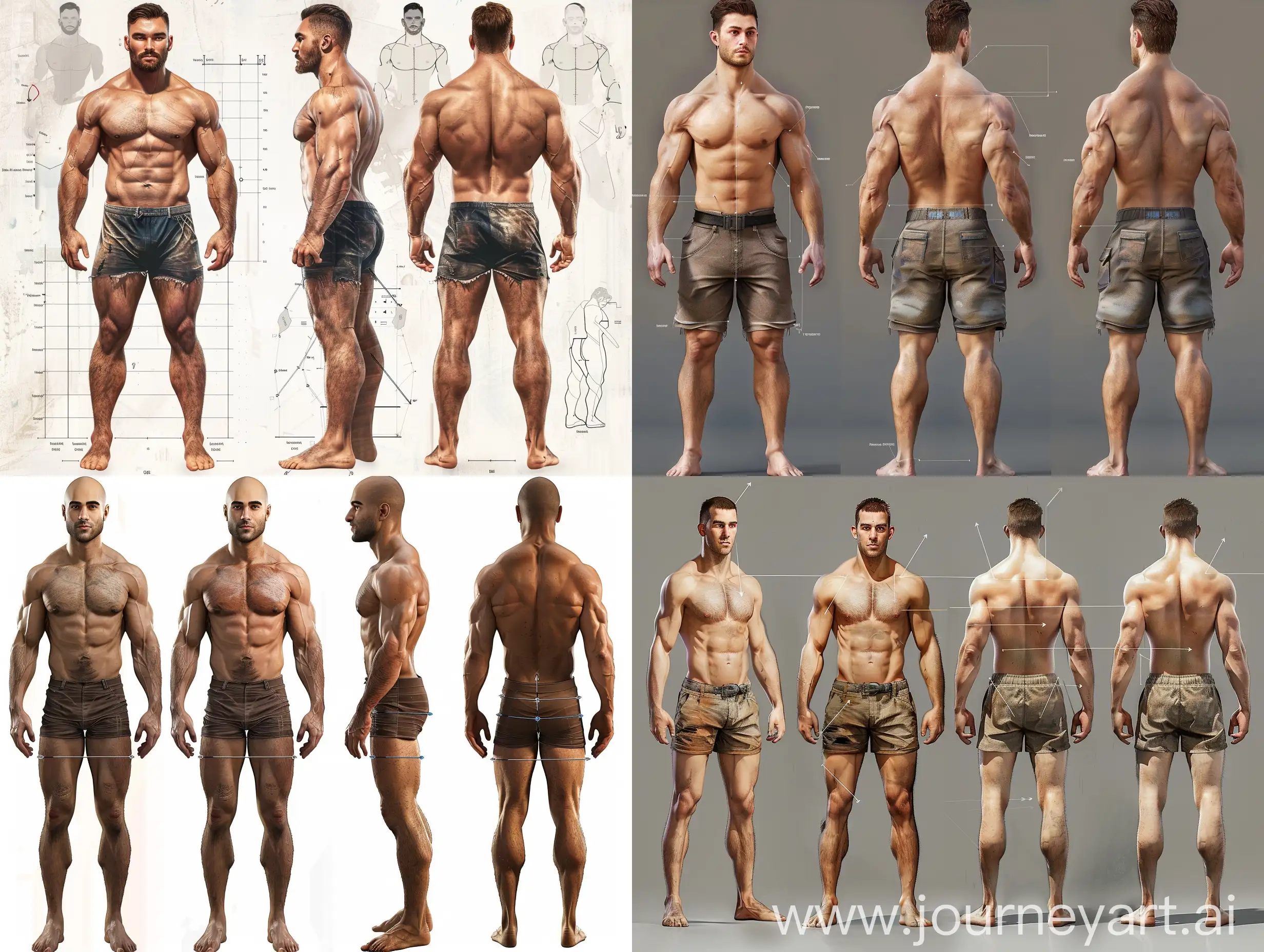 Realistic male character chart front back full body, and head close up shot, bl actor, image divided into 5 parts