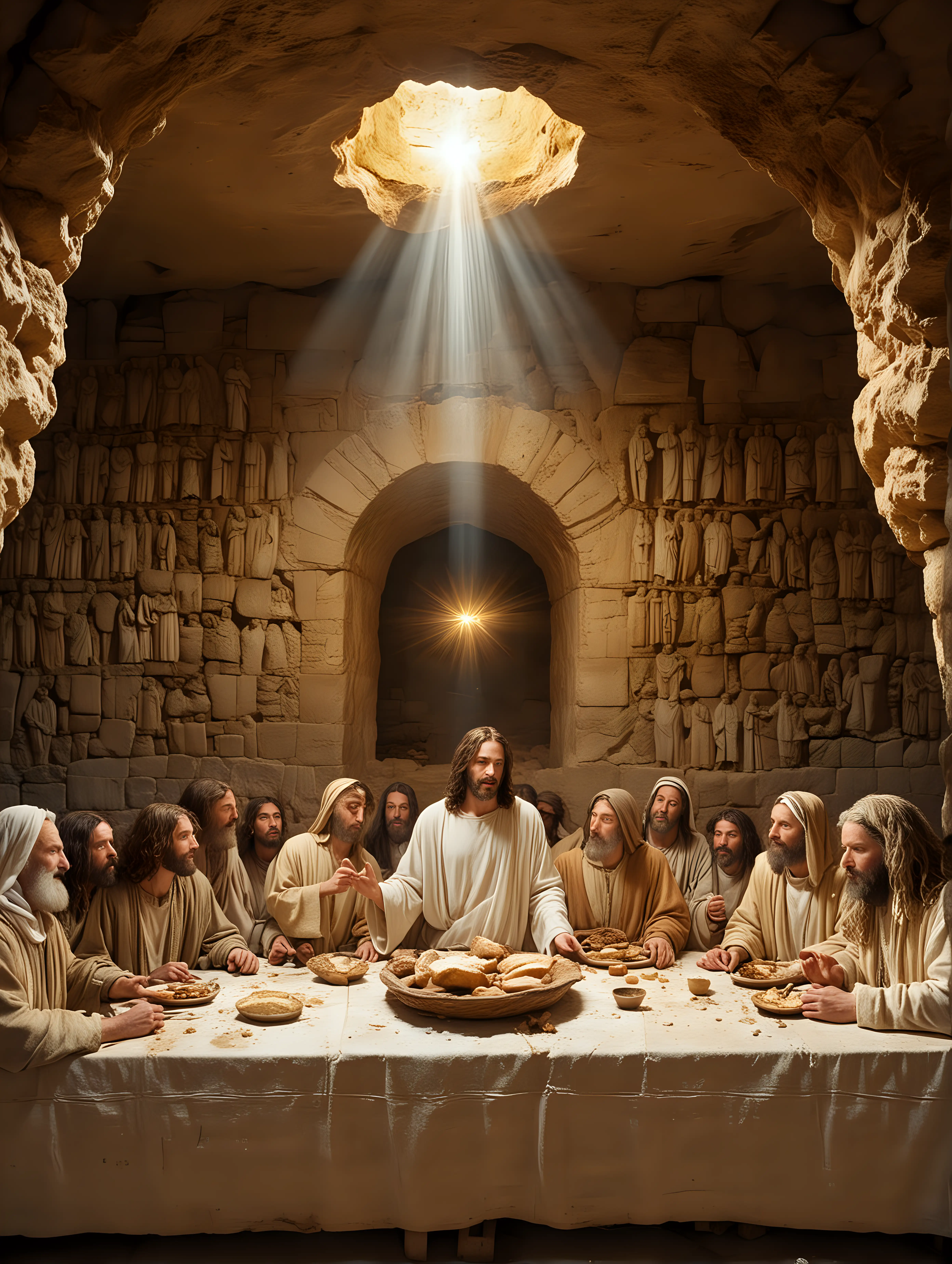 jesus in the middle, shine, last supper, real, white, heavenly, glow,  12 man diciples, jerusalem, cave, bright, broken bread, clay wine, leonardo da vinci