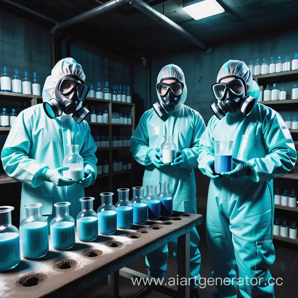 Брутальные химики в подпольной лаборатории в с синей подцветкой , в руках у них коллбы с химией и рядом на фоне брикеты с наркотиками в химзащитном костюме , с противогазами 