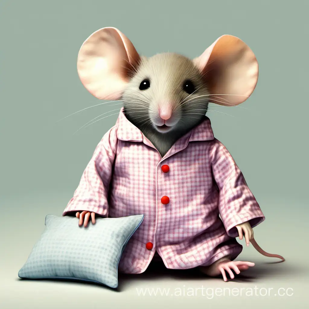 Little mouse with pillow dressed in pyjamas
