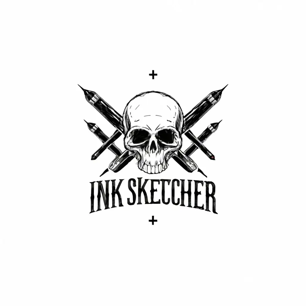 a logo design,with the text "Ink Sketcher", main symbol:skull and cross ink pens.a sketch, plain background,complex,be used in Entertainment industry,clear background