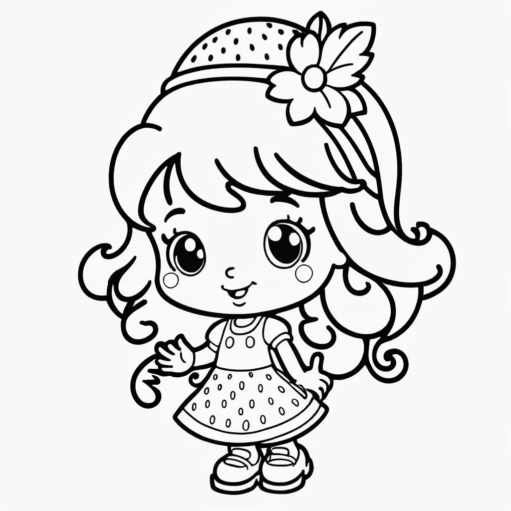 strawberry shortcake coloring book page, simple 
and clean line art, children drawing book. Black 
and white, crisp black lines, sharp lines. Simple 
coloring page for kids, 
 cartoon style, very white background, no 
shades