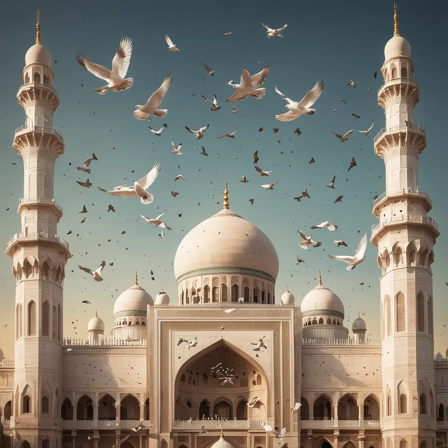 Eid Mubarak mosque with flying pigeons