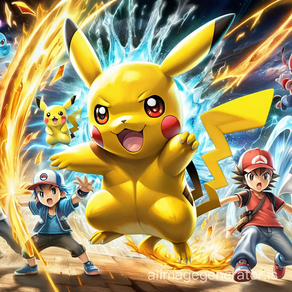 An action-packed image depicting Pokemon engaged in an intense battle, with dynamic poses, energetic elemental effects, and vibrant colors. Choose iconic Pokemon like orange pikachu, showcasing their signature moves, surrounded by sparks, flames, and water splashes. The background should convey the excitement of a battle arena, creating a visually captivating scene of Pokemon combat, Illustration, digital art, --ar 16:9 --v 5