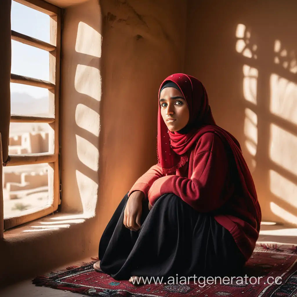 A girl, Tanned skin, hooked nose, green eyes, broad black eyebrows, a hijab on her head, thin lips, wearing a red sweater with a long black skirt down to her toes. Sitting in traditional poor afghan house, warm light through window without glass