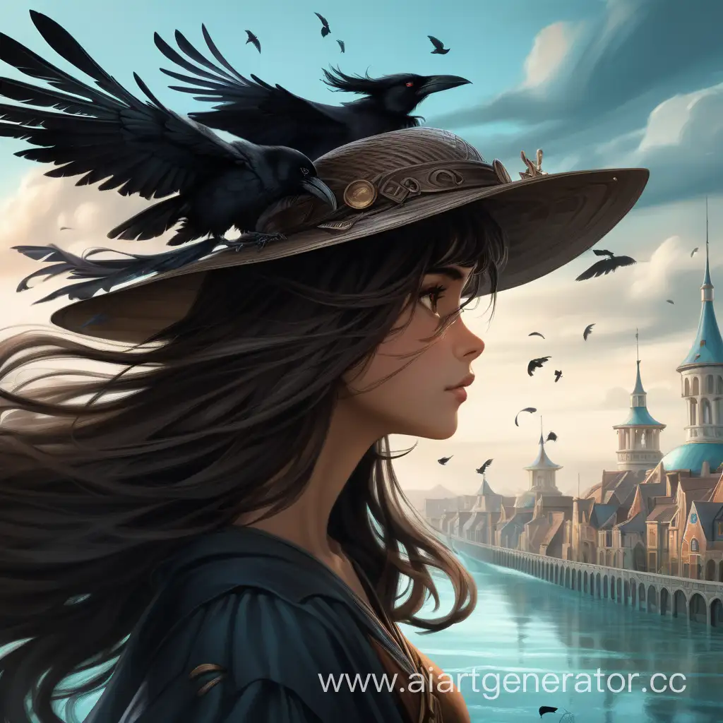 Girl-with-DarkBrown-Hair-and-Brown-Eyes-in-Profile-as-Wind-Blows-Hat-Off-Her-Head-in-Fantasy-City