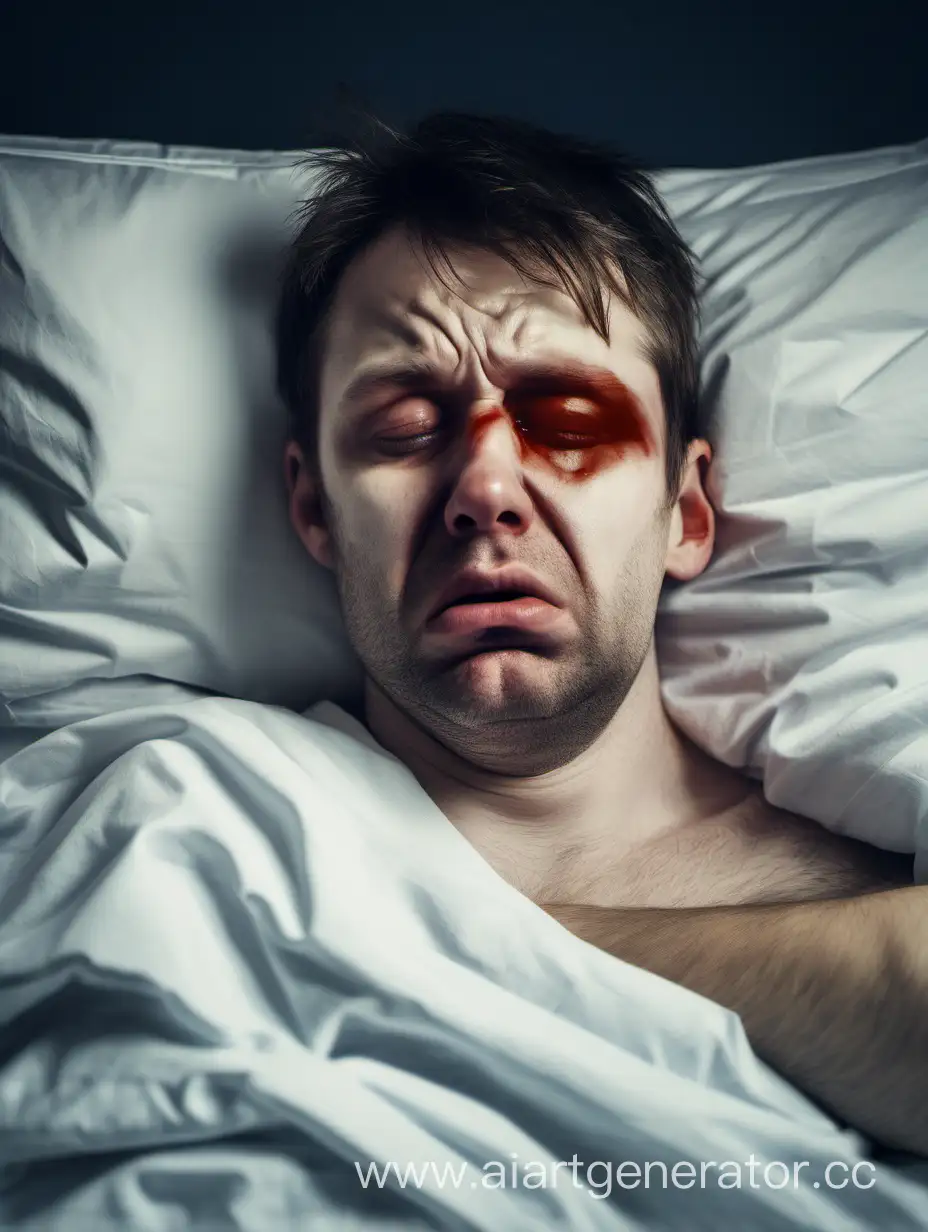 грустный мужик с опухшим лицом лежит в кровати и страдает от похмелья