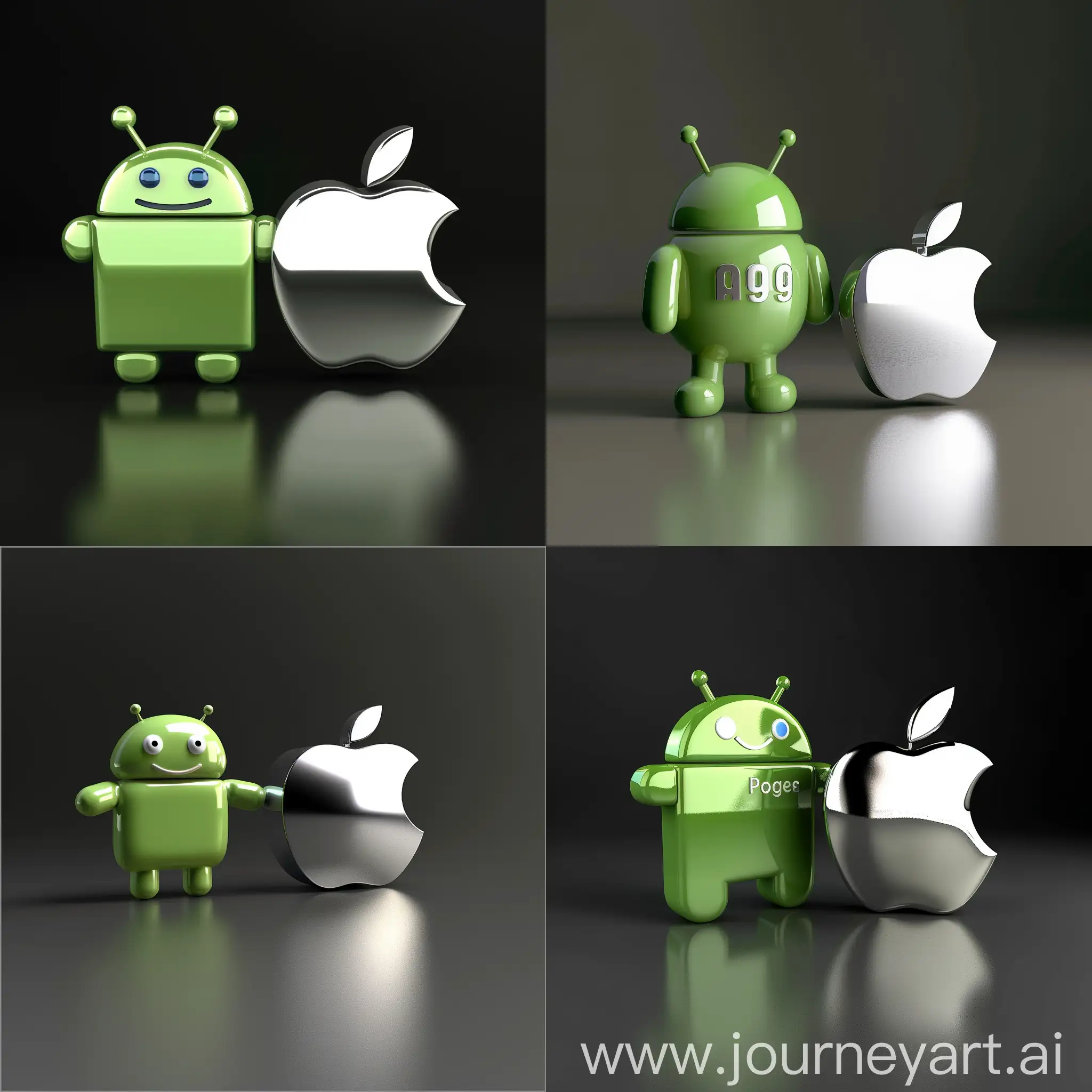 square image 1080 x 1080 px, background color #F7F4E8, 3D icon of green Android and silver Apple icon, picture is symbolising positive relationship and friendship between Apple and Android companies