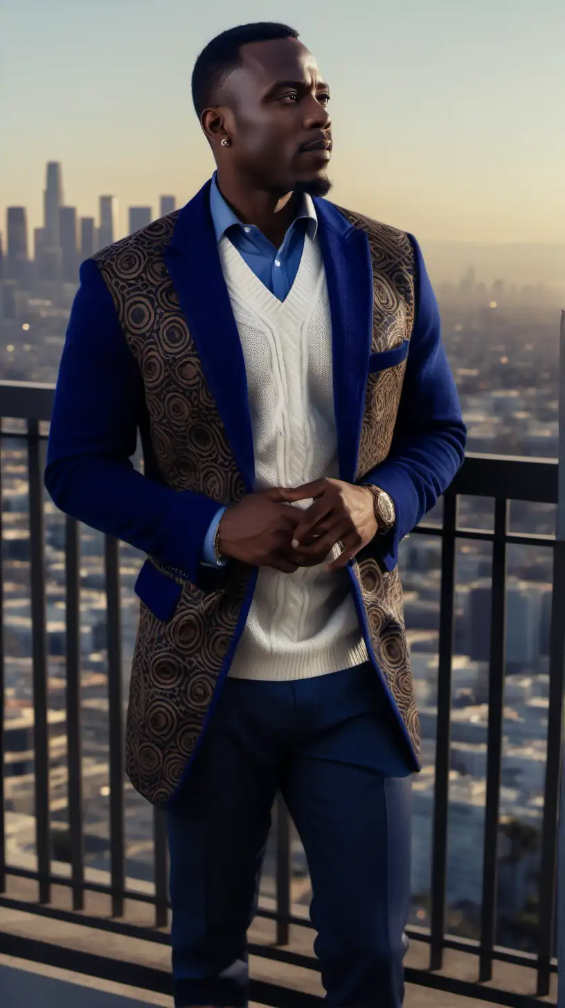 Handsome, Black, man, wearing, faded haircut, wearing Admiral Blue, Leather, African print, blazer, wearing White, cashmere v-neck sweater, wearing Taupe, wool slacks, standing on the balcony of penthouse, Looking out over Los Angeles skyline, Ultra 4k, high definition, 1080p resolution, lighting is volumetric