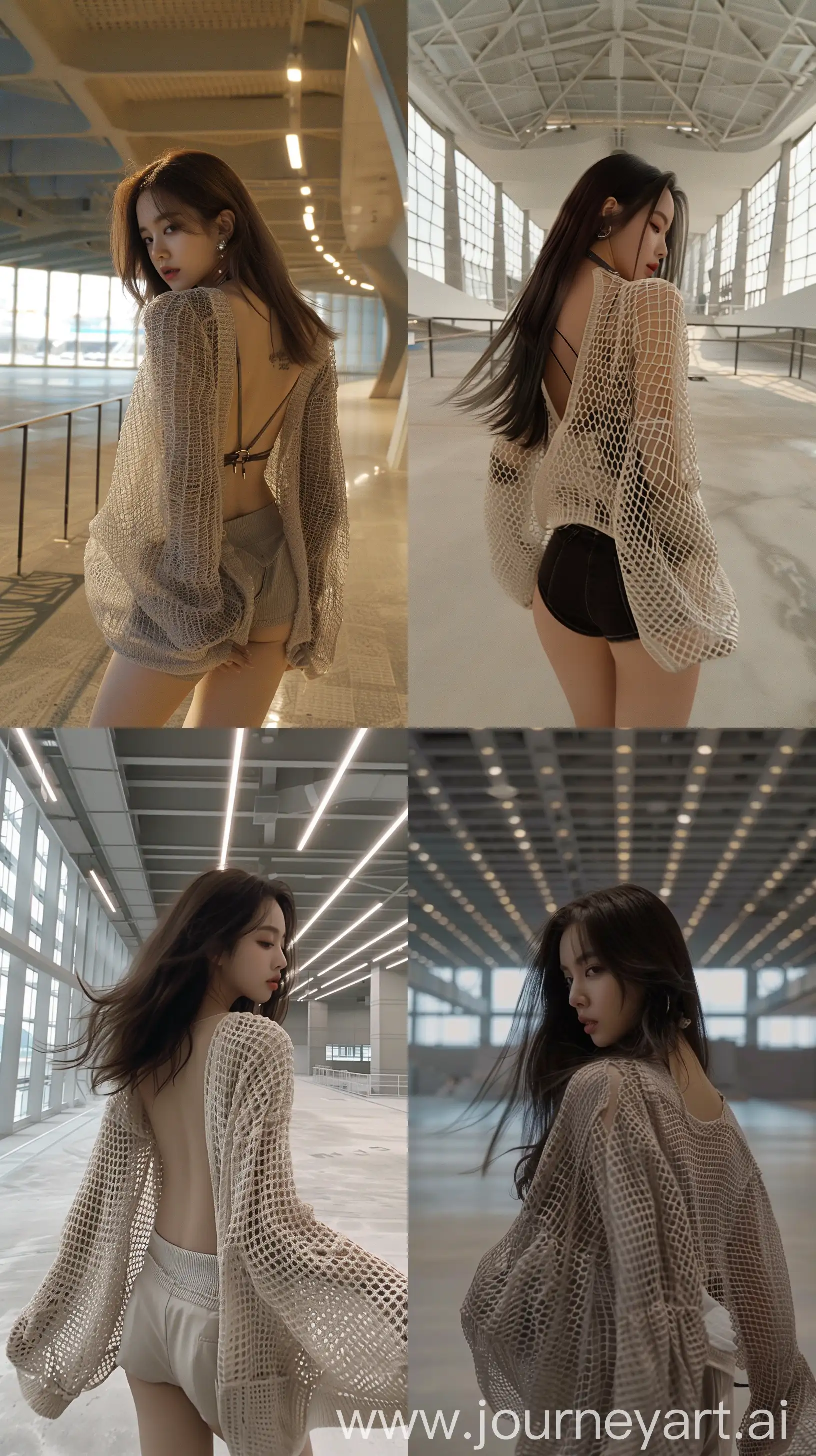 detailed aestethic selfie, blackpink's jennie, net cardigan korean outfit, medium hair, walking inside empty modern hall, back body, hiding face --ar 9:16