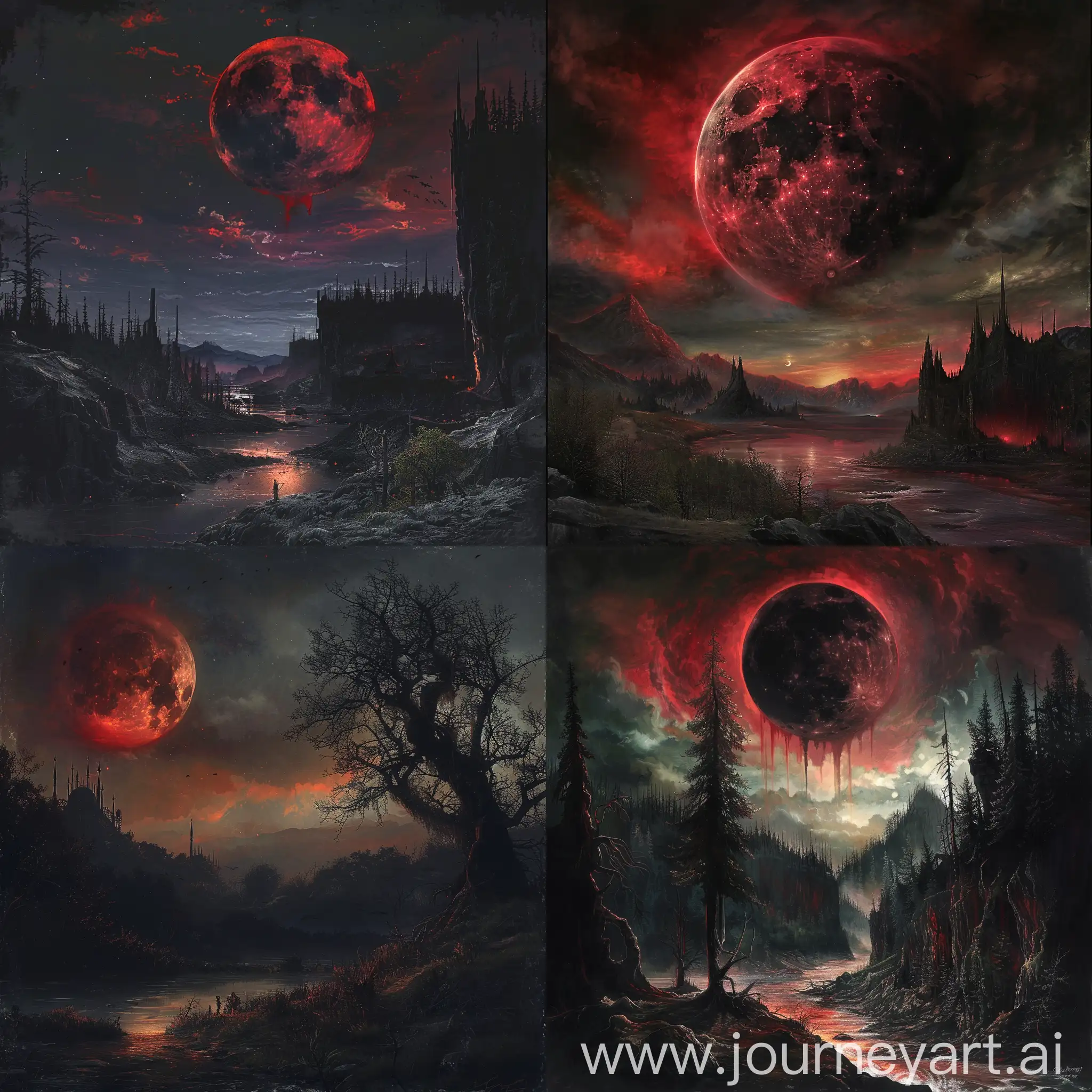 Dark fantasy, gothic horror, anime style, landscape, blood moon