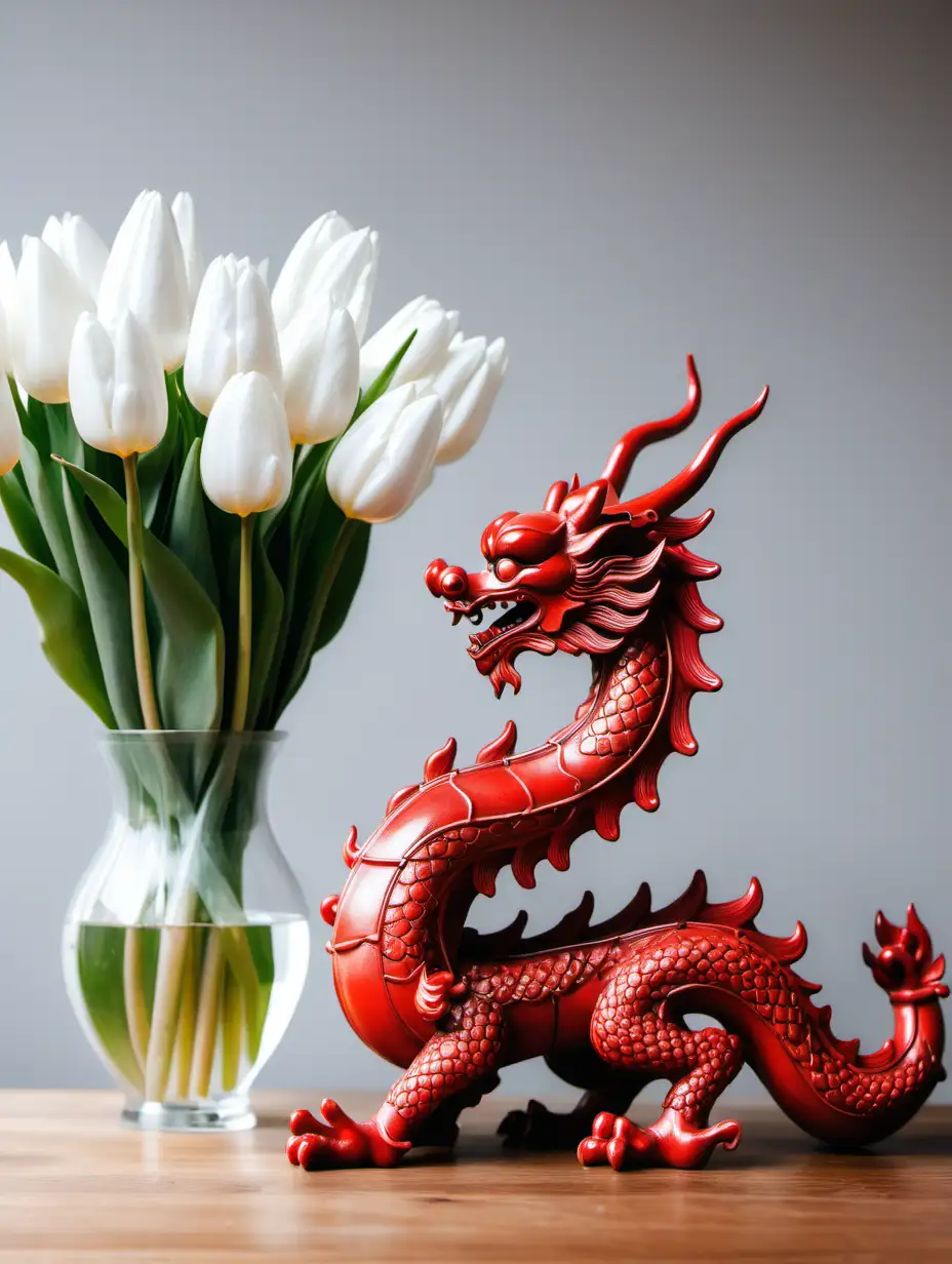 Red Chinese dragon statue on a wooden table, there are white tulips on the table in a vase