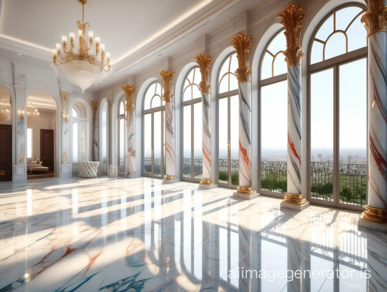 a luxury mansion with terrace and balcony. colorful reflective marble interior, sunshine weather, Intricate details, reflective ray tracing, Highly detailed Definition, dramatic light, portrayed in sharp, photorealistic details, ultrarealistic photo 8k