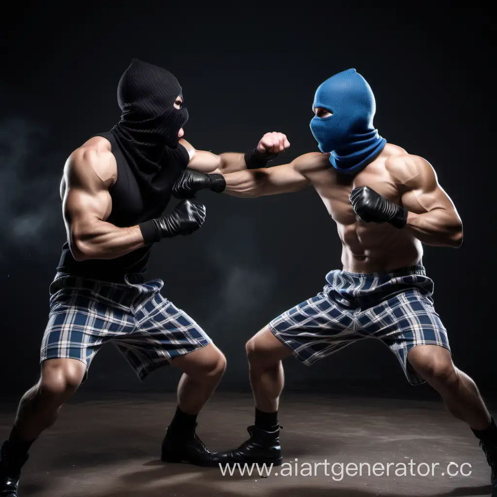 Two muscular bandits in plaid shorts and balaclavas are fighting