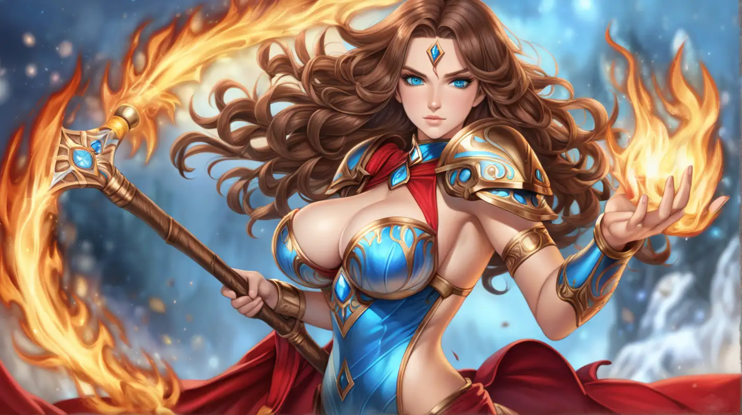 ravishing adult female, brown wavy hair, soft blue color eyes, tight red gold warrior dress, fire and ice, c cup boobs, magic staff