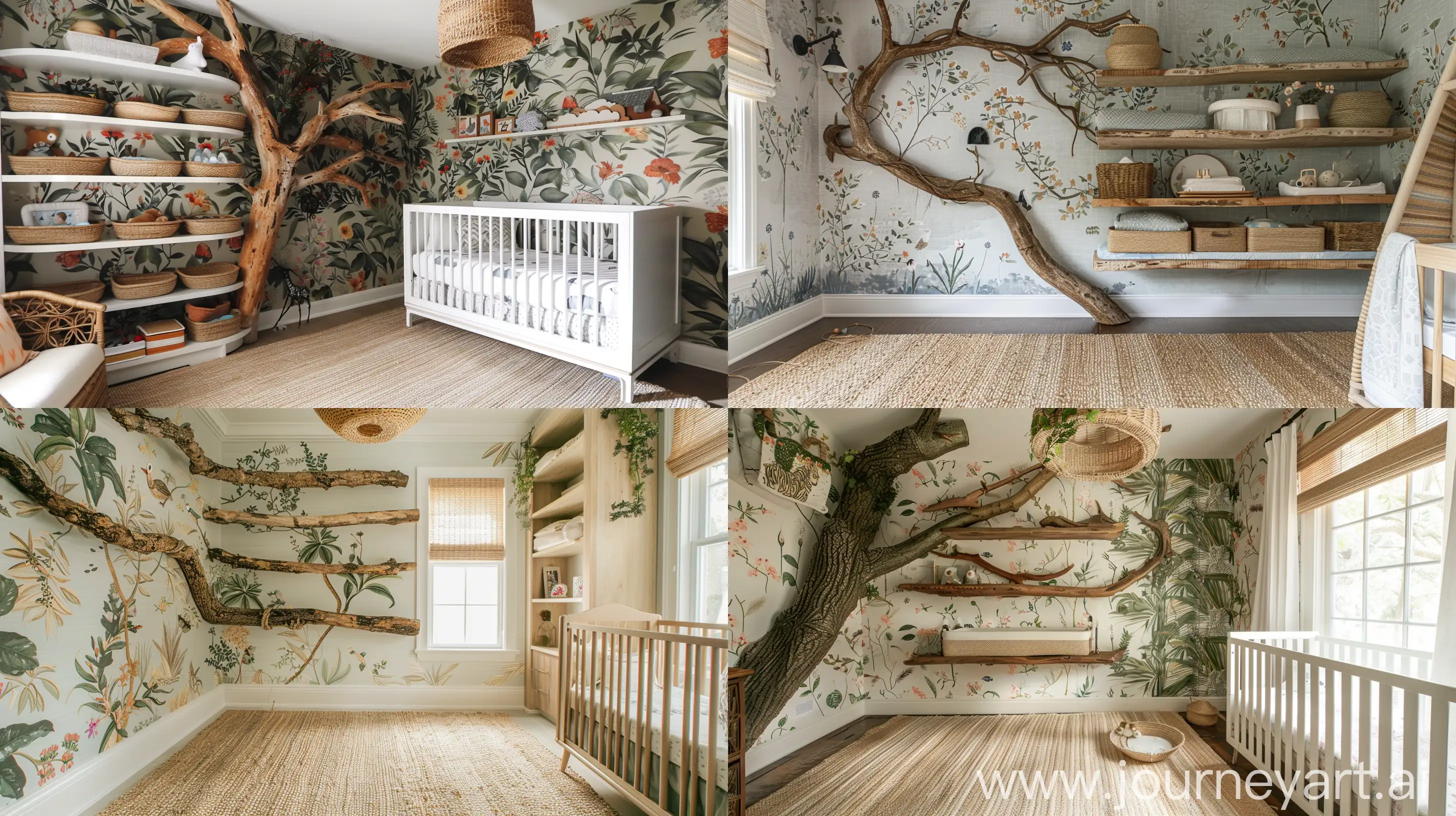 Nature-Inspired Haven: Nursery Room with Tree Branch Shelving, Botanical Wallpaper, and Woven Seagrass Rug --ar 16:9