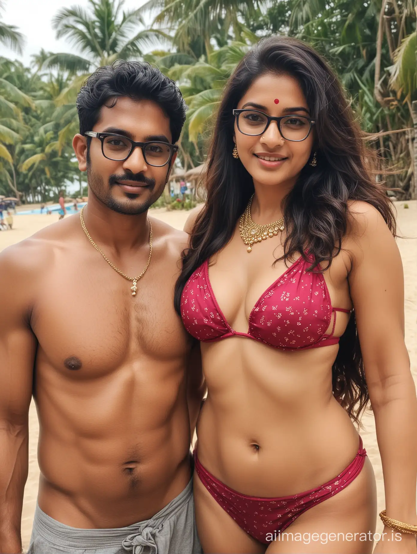 Hot South Indian husband wearing specs wife in bikini and jewellery without specs
