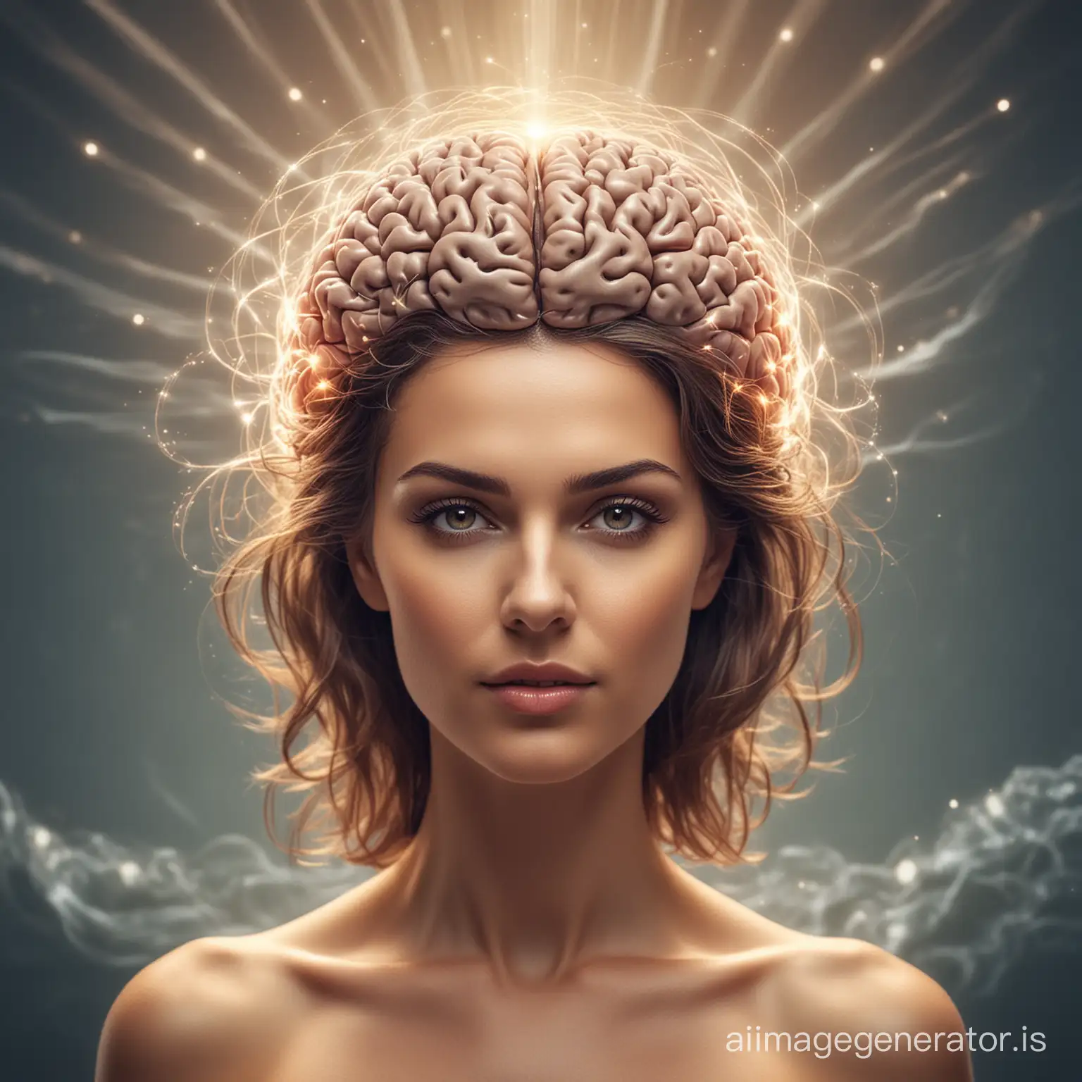 Female brain surrounded by waves of light, symbolizing creativity and innovation funcyioning 
brain

