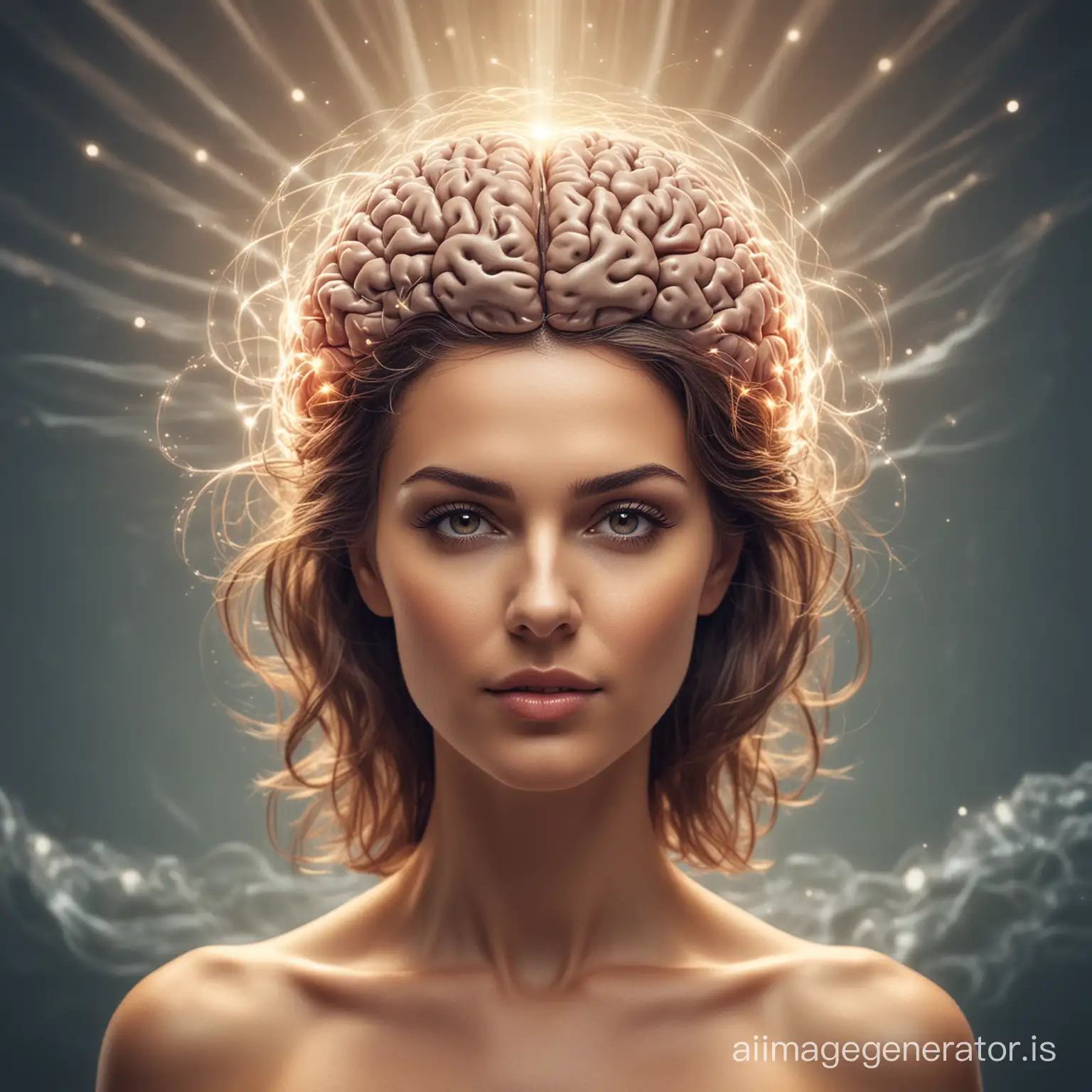 Female brain surrounded by waves of light, symbolizing creativity and innovation funcyioning 
brain


