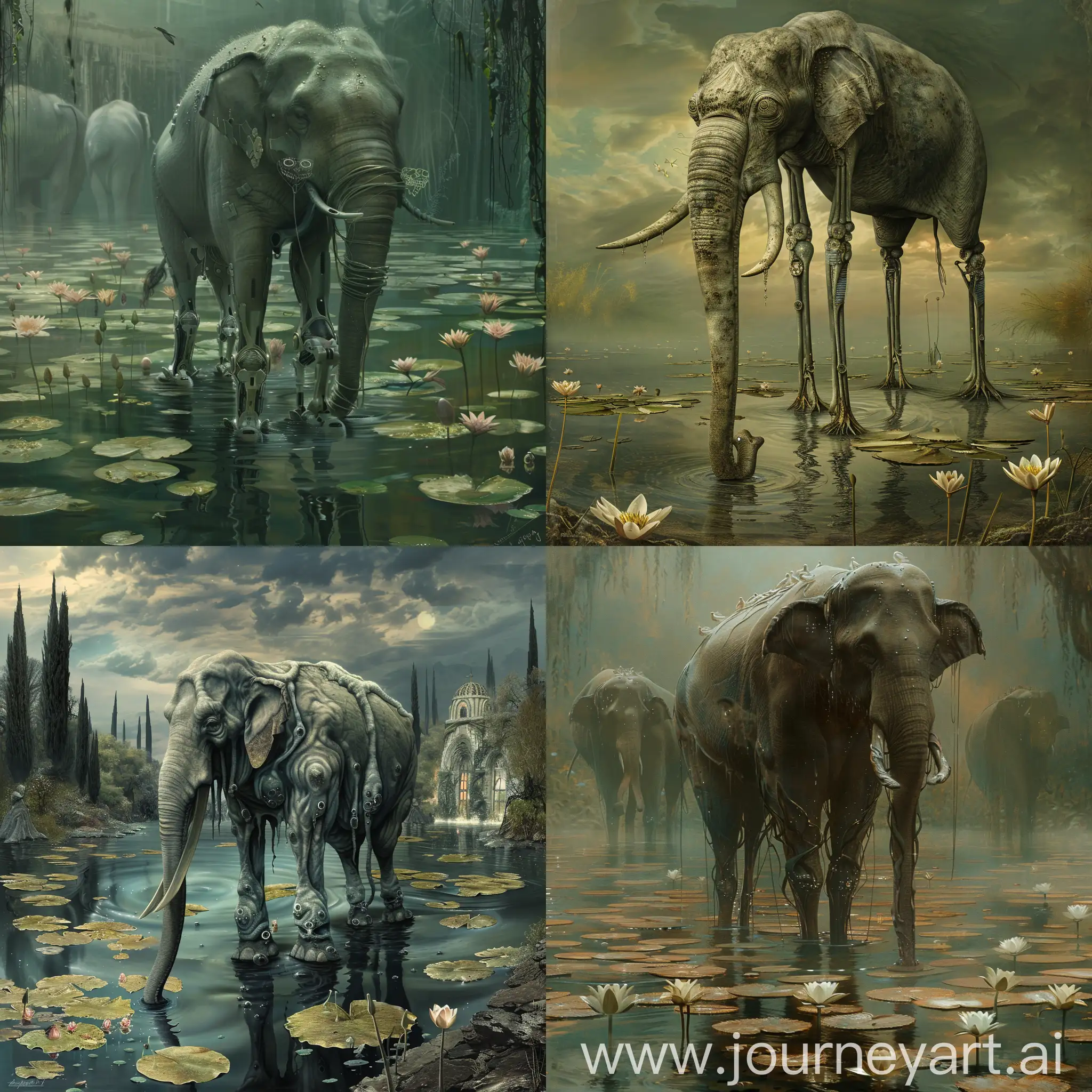 Surreal-Cyberpunk-Wildlife-Salvador-DalInspired-Elephants-in-Monets-Dreamy-Cybernetic-Oasis