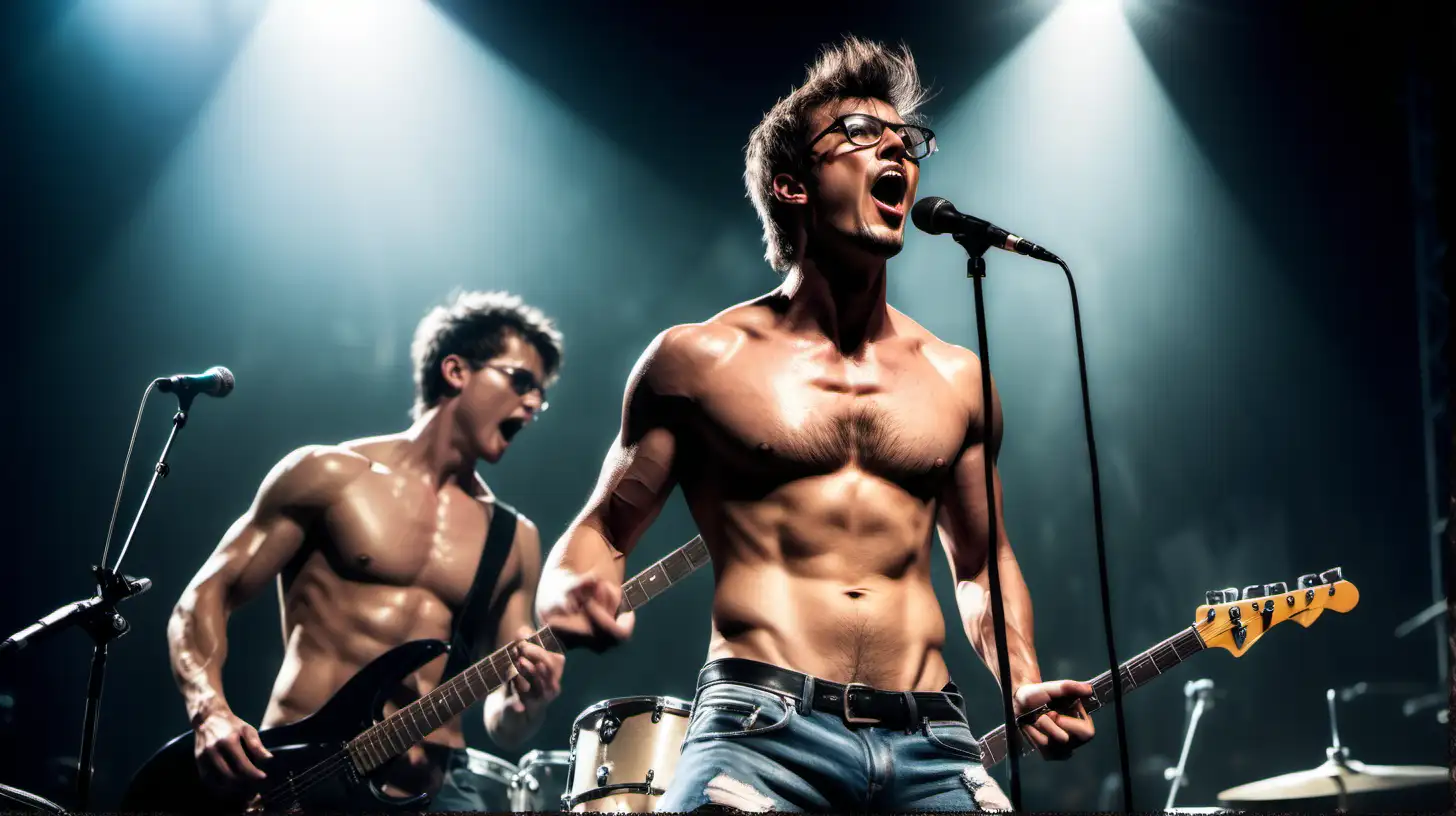 rock band concert. handsome vocalist, guitarist, drummer, shirtless, very sweaty, stubbles, short hair, glasses, muscular, show hairy chest, show abs, torn jeans, spotlights, mic stand, singing