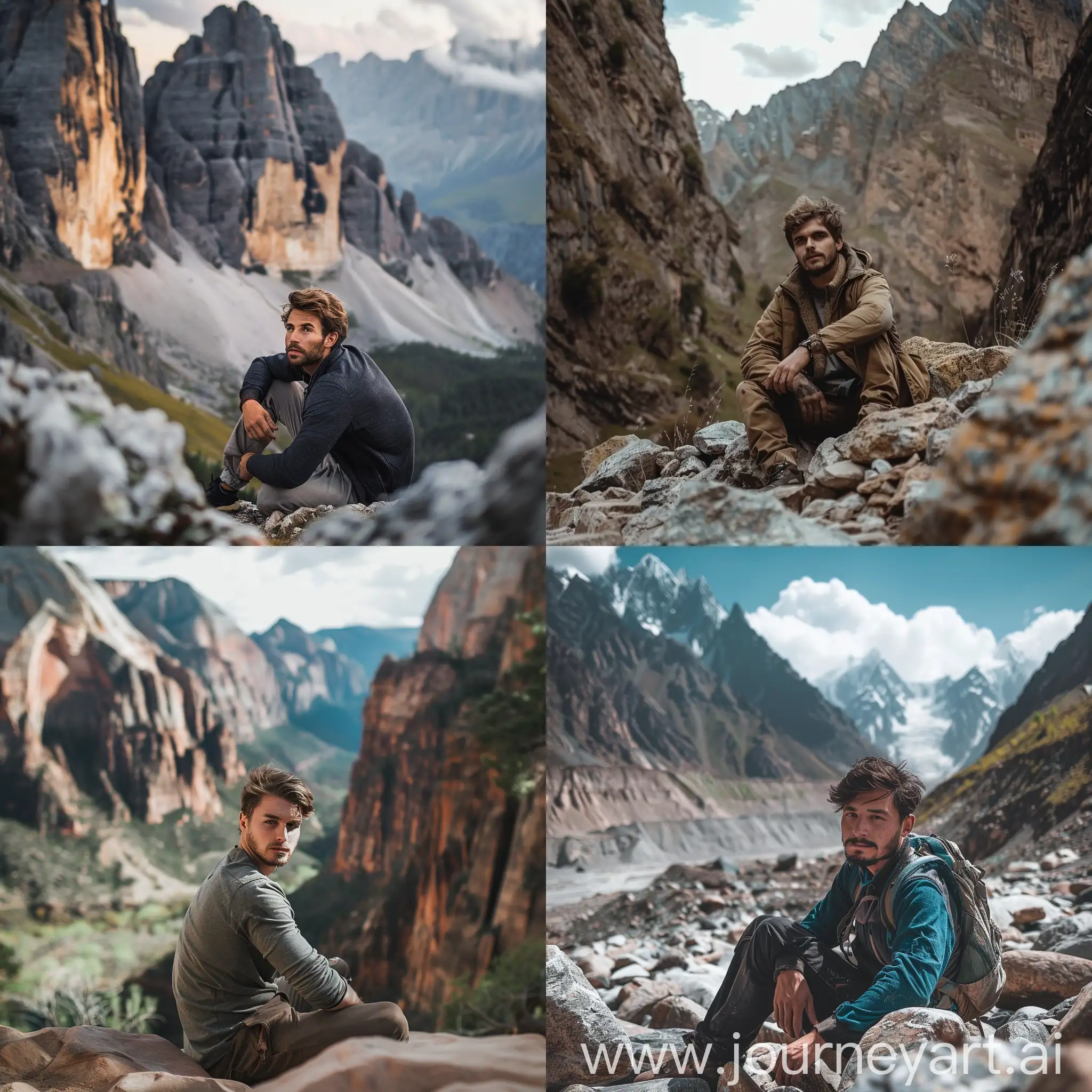  صورة فخمة لرجل ينظر بأتجاه الكاميرا في الجبال الطبيعة يجلس على الصخور 