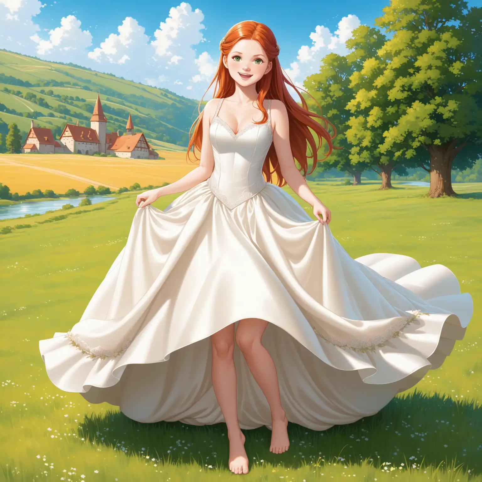 Dans campagne  avec  beau temps, vue dynamique en de face, pose très très suggestive sexuelle, Ginny Weasley, regarde amoureusement, Magnifique robe de princesse de Mariée sans manches ivoire satin duchesse relevé et pieds nus,