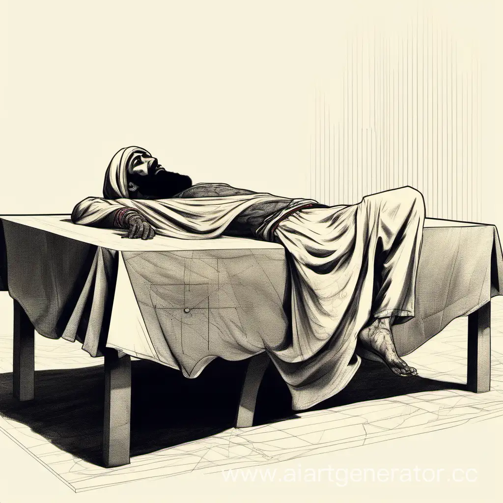 Futuristic-Drawing-of-a-Deceased-Arab-Man-on-Table