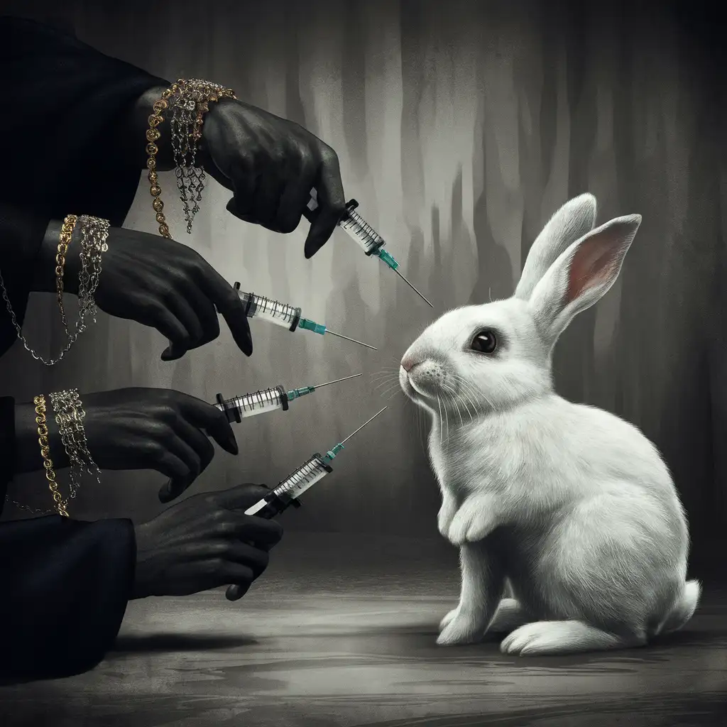 Белый кролик, на которого направлено несколько рук с золотыми украшениями. Эти смуглые руки держат шприцы. Фон однотонный